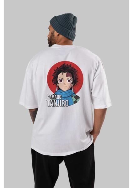 Tanjıro Kamado Anime Arka Baskılı Beyaz Oversize T-Shirt Pamuk Erkek Kadın fırsatları
