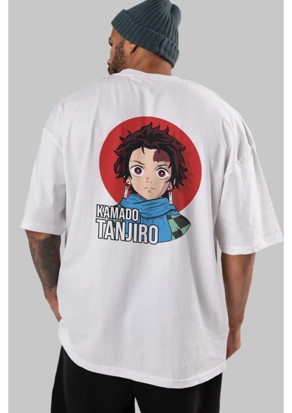 Tanjıro Kamado Anime Arka Baskılı Beyaz Oversize T-Shirt Pamuk Erkek Kadın indirimleri