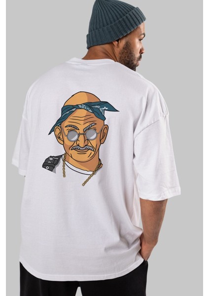 Tupac Gandhi Arka Baskılı Beyaz Oversize T-Shirt Erkek Kadın Bisiklet Yaka