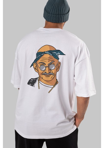 Tupac Gandhi Arka Baskılı Beyaz Oversize T-Shirt Erkek Kadın Bisiklet Yaka modelleri