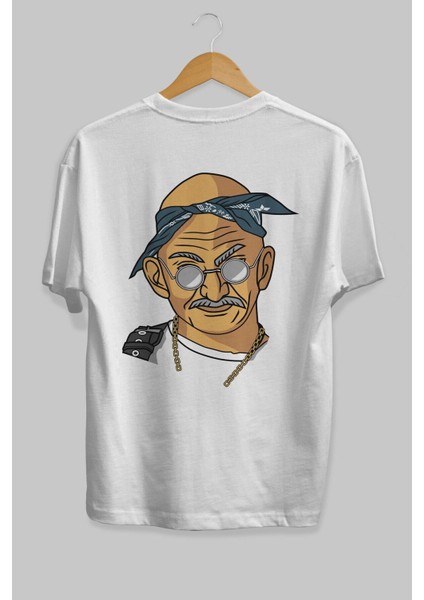 Tupac Gandhi Arka Baskılı Beyaz Oversize T-Shirt Erkek Kadın Bisiklet Yaka fırsatları