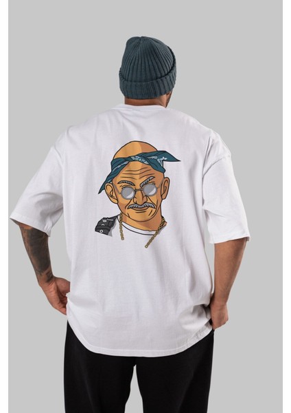 Tupac Gandhi Arka Baskılı Beyaz Oversize T-Shirt Erkek Kadın Bisiklet Yaka indirimleri