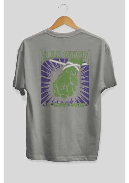 Hulk (12) Arka Baskılı Gri Oversize T-Shirt Bisiklet Yaka Pamuk Erkek Kadın fiyatları