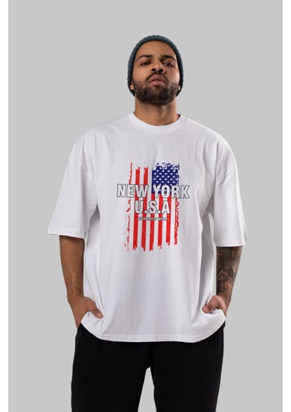 New York Usa Ön Baskılı Beyaz Oversize T-Shirt Erkek Kadın Bisiklet Yaka