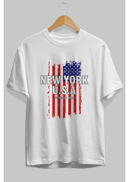 New York Usa Ön Baskılı Beyaz Oversize T-Shirt Erkek Kadın Bisiklet Yaka fiyatları