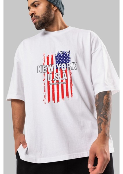 New York Usa Ön Baskılı Beyaz Oversize T-Shirt Erkek Kadın Bisiklet Yaka modelleri