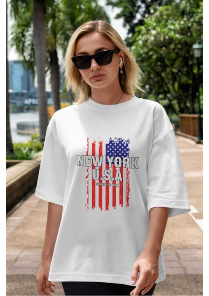 New York Usa Ön Baskılı Beyaz Oversize T-Shirt Erkek Kadın Bisiklet Yaka indirimleri