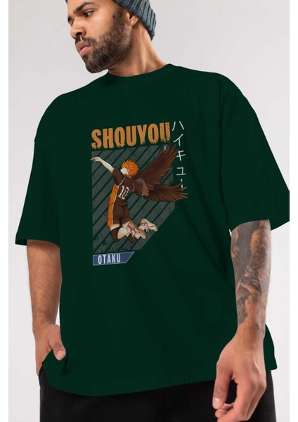 Shouyou Hinata 10 Anime Ön Baskılı Zümrüt Yeşili Oversize T-Shirt Erkek Kadın modelleri