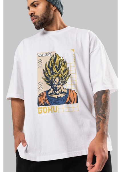 Goku Ön Baskılı Beyaz Oversize T-Shirt Erkek Kadın Bisiklet Yaka fırsatları