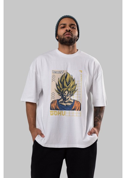 Goku Ön Baskılı Beyaz Oversize T-Shirt Erkek Kadın Bisiklet Yaka indirimleri