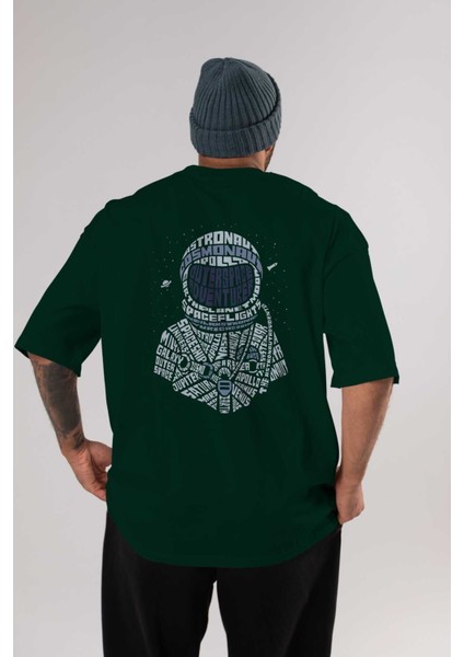 Astronaut Arka Baskılı Zümrüt Yeşili Oversize T-Shirt Unisex Erkek Kadın Bisiklet Yaka