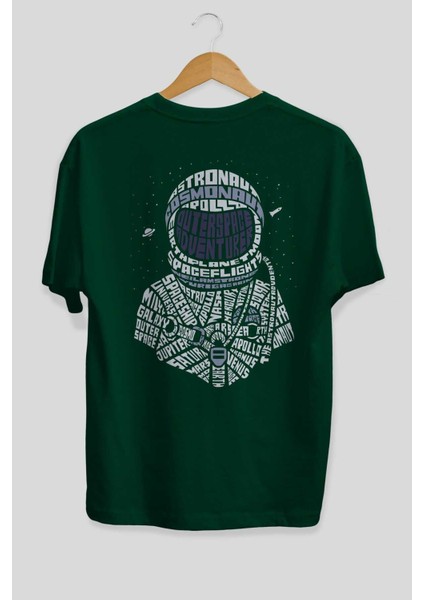 Astronaut Arka Baskılı Zümrüt Yeşili Oversize T-Shirt Unisex Erkek Kadın Bisiklet Yaka fiyatları