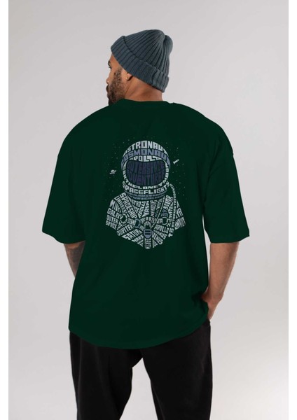 Astronaut Arka Baskılı Zümrüt Yeşili Oversize T-Shirt Unisex Erkek Kadın Bisiklet Yaka indirimleri