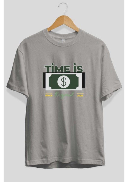 Time Is Original Ön Baskılı Gri Oversize T-Shirt Unisex Erkek Kadın Bisiklet Yaka fiyatları