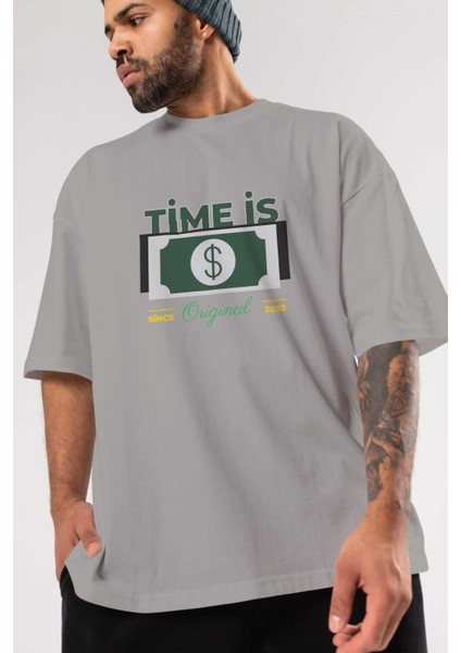 Time Is Original Ön Baskılı Gri Oversize T-Shirt Unisex Erkek Kadın Bisiklet Yaka modelleri