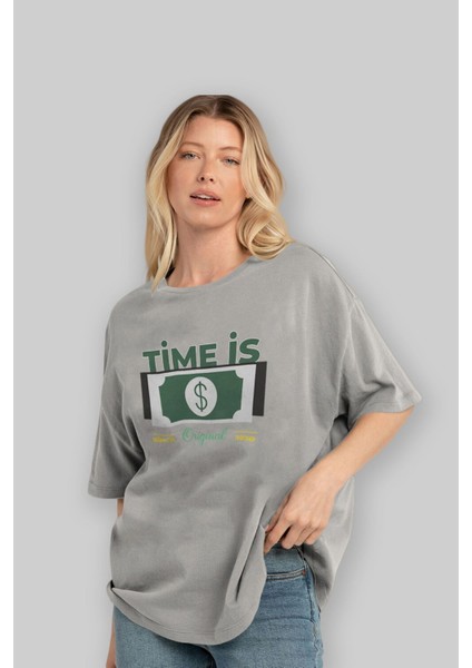 Time Is Original Ön Baskılı Gri Oversize T-Shirt Unisex Erkek Kadın Bisiklet Yaka fırsatları