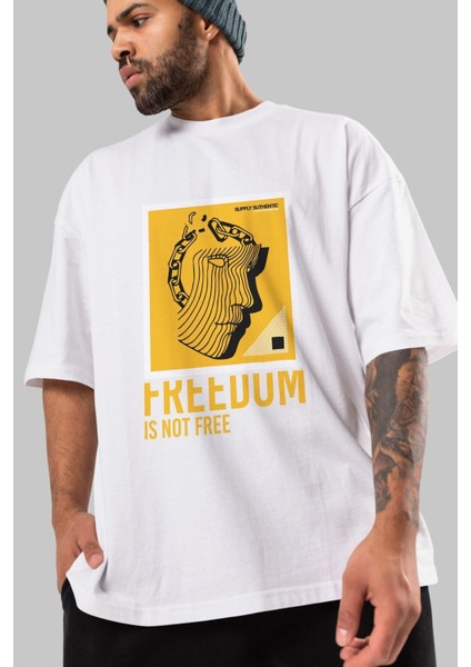 Freedom Is Not Free Ön Baskılı Beyaz Oversize T-Shirt Erkek Kadın Bisiklet Yaka modelleri