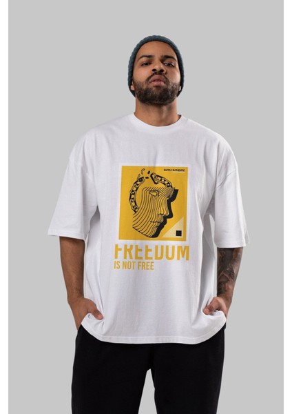 Freedom Is Not Free Ön Baskılı Beyaz Oversize T-Shirt Erkek Kadın Bisiklet Yaka indirimleri