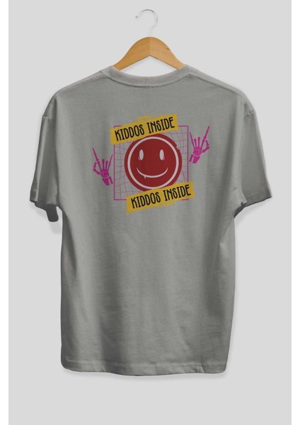 Kiddos Inside Arka Baskılı Gri Oversize T-Shirt Unisex Erkek Kadın Bisiklet Yaka fiyatları