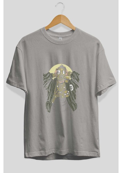 Gasmask Gangsta Ön Baskılı Gri Oversize T-Shirt Unisex Erkek Kadın Bisiklet Yaka fiyatları