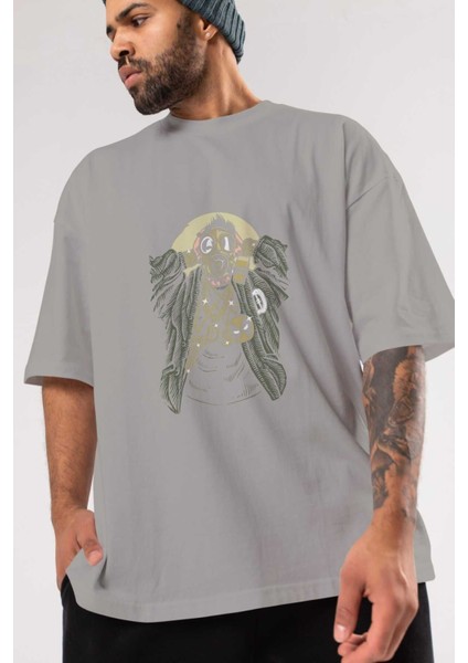 Gasmask Gangsta Ön Baskılı Gri Oversize T-Shirt Unisex Erkek Kadın Bisiklet Yaka modelleri