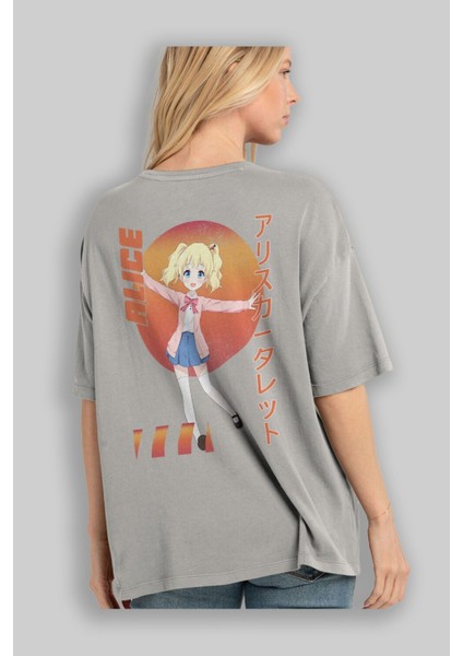 Alice Cartelet 15 Anime Arka Baskılı Gri Oversize T-Shirt %100 Pamuk Erkek Kadın modelleri