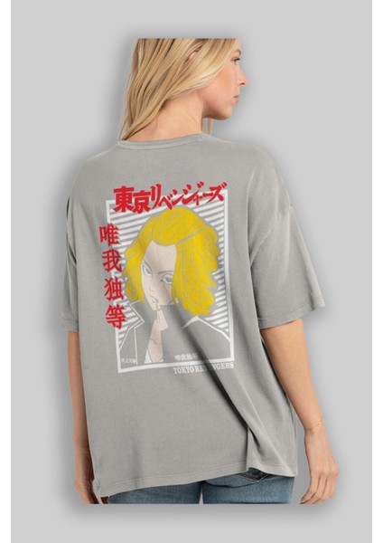 Tokyorev. M Anime Arka Baskılı Gri Oversize T-Shirt %100 Pamuk Erkek Kadın modelleri
