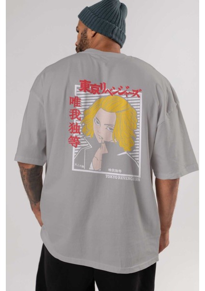 Tokyorev. M Anime Arka Baskılı Gri Oversize T-Shirt %100 Pamuk Erkek Kadın indirimleri