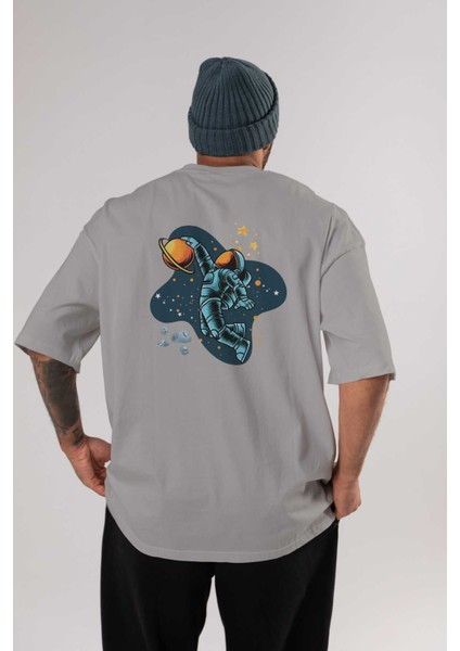 Astronot Basketbol Arka Baskılı Gri Oversize T-Shirt Unisex Erkek Kadın Bisiklet Yaka