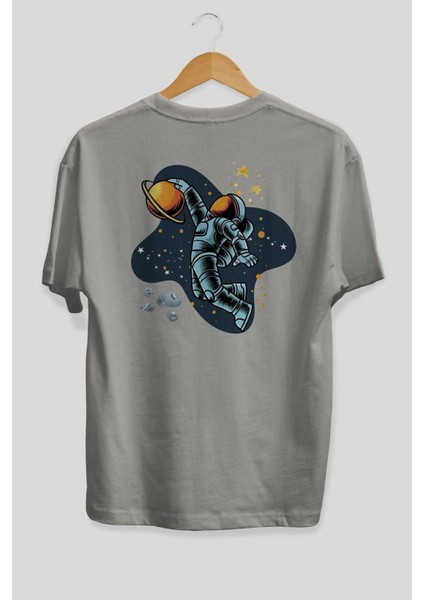 Astronot Basketbol Arka Baskılı Gri Oversize T-Shirt Unisex Erkek Kadın Bisiklet Yaka fiyatları