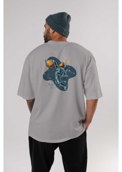 Astronot Basketbol Arka Baskılı Gri Oversize T-Shirt Unisex Erkek Kadın Bisiklet Yaka fırsatları