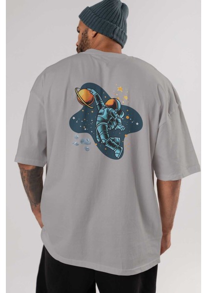 Astronot Basketbol Arka Baskılı Gri Oversize T-Shirt Unisex Erkek Kadın Bisiklet Yaka indirimleri