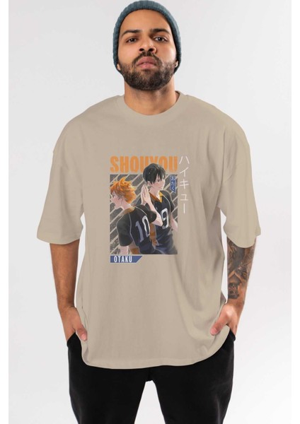 Shouyou Hinata 12 Anime Ön Baskılı Bej Oversize T-Shirt Erkek Kadın