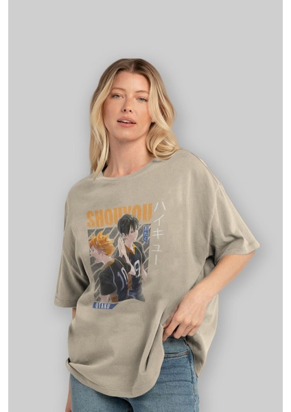 Shouyou Hinata 12 Anime Ön Baskılı Bej Oversize T-Shirt Erkek Kadın modelleri