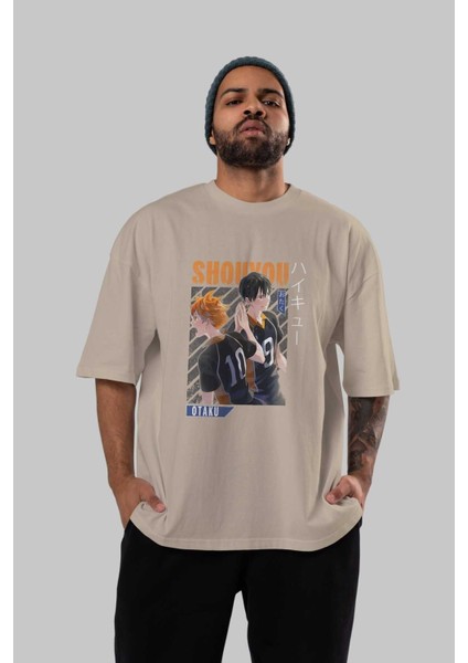 Shouyou Hinata 12 Anime Ön Baskılı Bej Oversize T-Shirt Erkek Kadın fırsatları