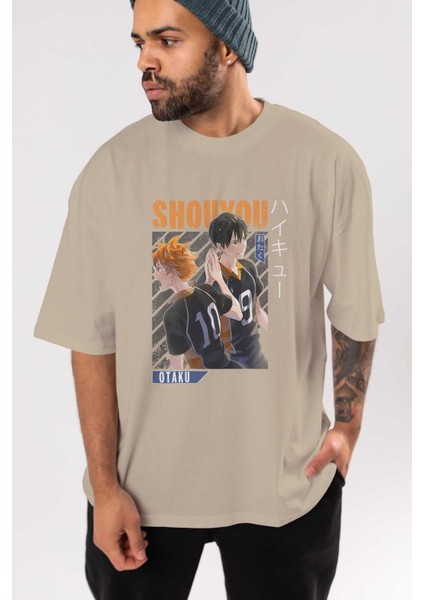 Shouyou Hinata 12 Anime Ön Baskılı Bej Oversize T-Shirt Erkek Kadın indirimleri