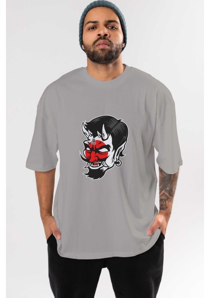 Japanese Devil Ön Baskılı Gri Oversize T-Shirt Unisex Erkek Kadın Bisiklet Yaka