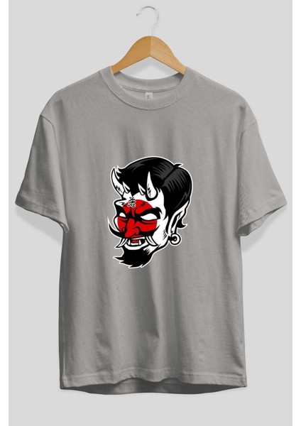 Japanese Devil Ön Baskılı Gri Oversize T-Shirt Unisex Erkek Kadın Bisiklet Yaka fiyatları