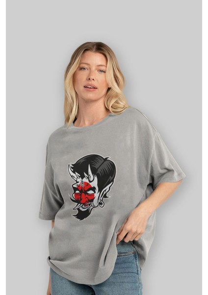 Japanese Devil Ön Baskılı Gri Oversize T-Shirt Unisex Erkek Kadın Bisiklet Yaka fırsatları