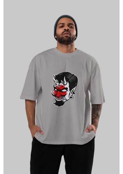 Japanese Devil Ön Baskılı Gri Oversize T-Shirt Unisex Erkek Kadın Bisiklet Yaka indirimleri