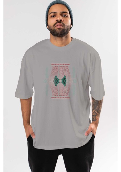 Exotic Sanctuary Ön Baskılı Gri Oversize T-Shirt Unisex Erkek Kadın Bisiklet Yaka