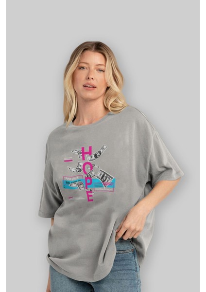 Hope Ön Baskılı Gri Oversize T-Shirt Unisex Erkek Kadın Bisiklet Yaka fırsatları