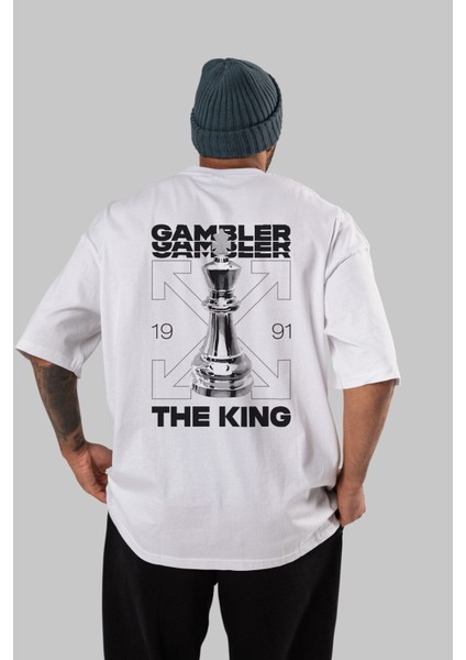 Gambler The King Arka Baskılı Beyaz Oversize T-Shirt Erkek Kadın Bisiklet Yaka