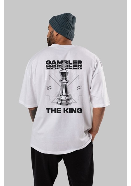 Gambler The King Arka Baskılı Beyaz Oversize T-Shirt Erkek Kadın Bisiklet Yaka fiyatları