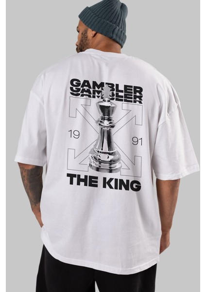 Gambler The King Arka Baskılı Beyaz Oversize T-Shirt Erkek Kadın Bisiklet Yaka modelleri