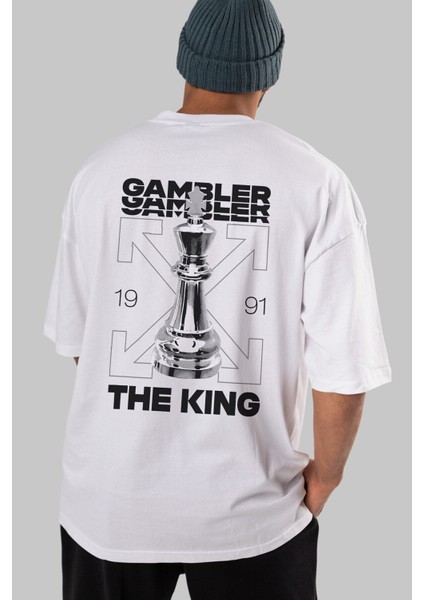 Gambler The King Arka Baskılı Beyaz Oversize T-Shirt Erkek Kadın Bisiklet Yaka fırsatları