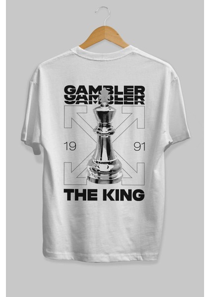 Gambler The King Arka Baskılı Beyaz Oversize T-Shirt Erkek Kadın Bisiklet Yaka indirimleri