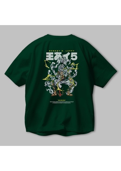 Monkey D. Luffy Gear5 1 Anime Arka Baskılı Zümrüt Yeşili Oversize T-Shirt Pamuk Erkek Kadın