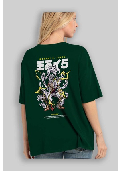 Monkey D. Luffy Gear5 1 Anime Arka Baskılı Zümrüt Yeşili Oversize T-Shirt Pamuk Erkek Kadın