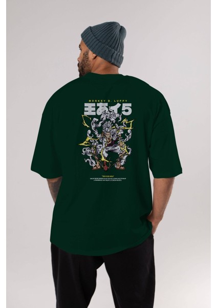 Monkey D. Luffy Gear5 1 Anime Arka Baskılı Zümrüt Yeşili Oversize T-Shirt Pamuk Erkek Kadın